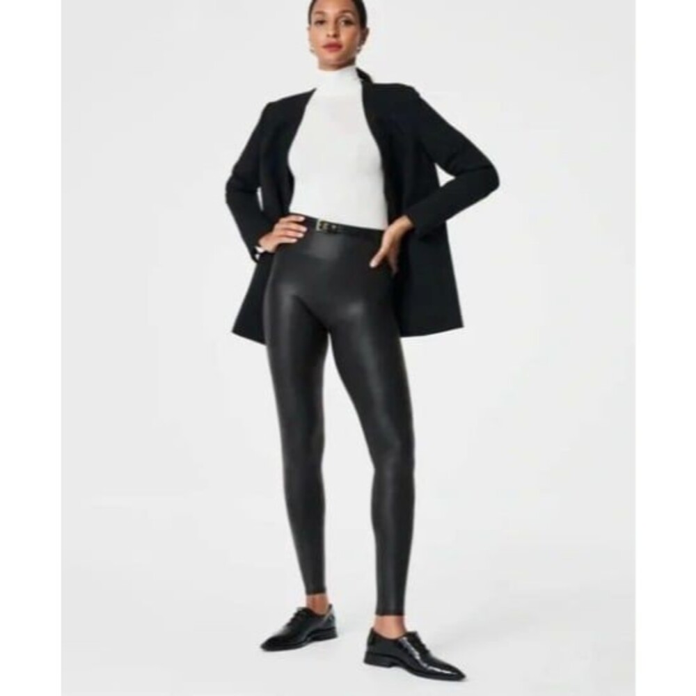 SPANX Black Faux Leather Coated Compression Legging Size Medium